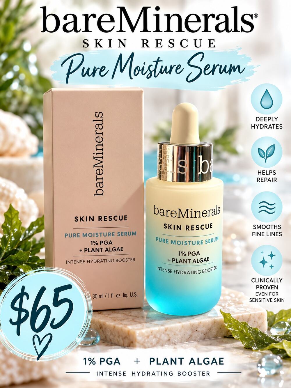 Bare Minerals $65 Skin Rescue Pure Moisture Serum NIB